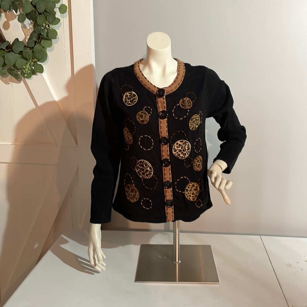 Black Cardigan with Tan Leopard Circle Accents